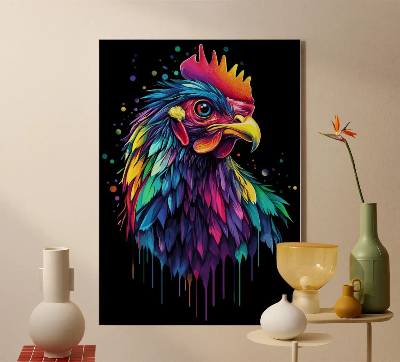 Un gallo maestoso con un'esplosione di colori plexiglass da pixelbull - medieval art and more