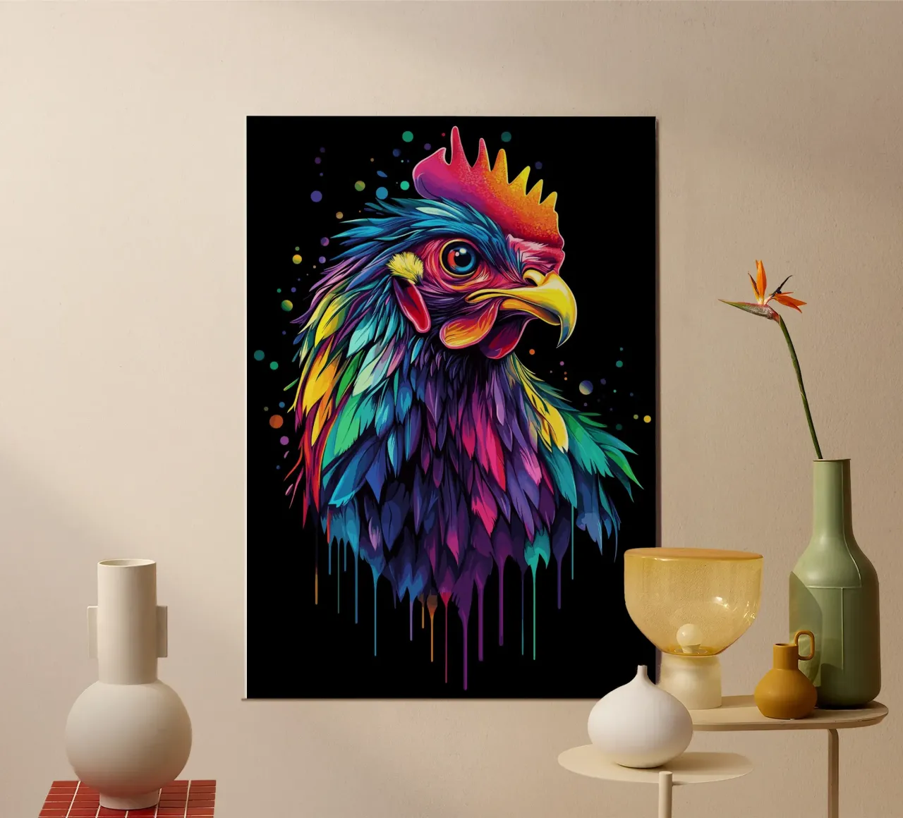 Un gallo maestoso con un'esplosione di colori alluminio dibond da pixelbull - medieval art and more