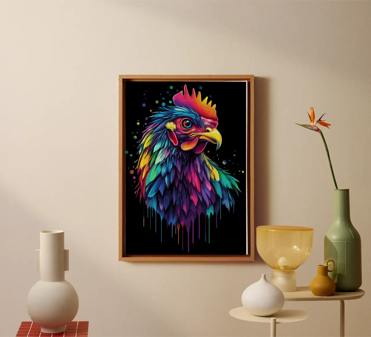 Un gallo maestoso con un'esplosione di colori tela con Cornice a cassetta da pixelbull - medieval art and more