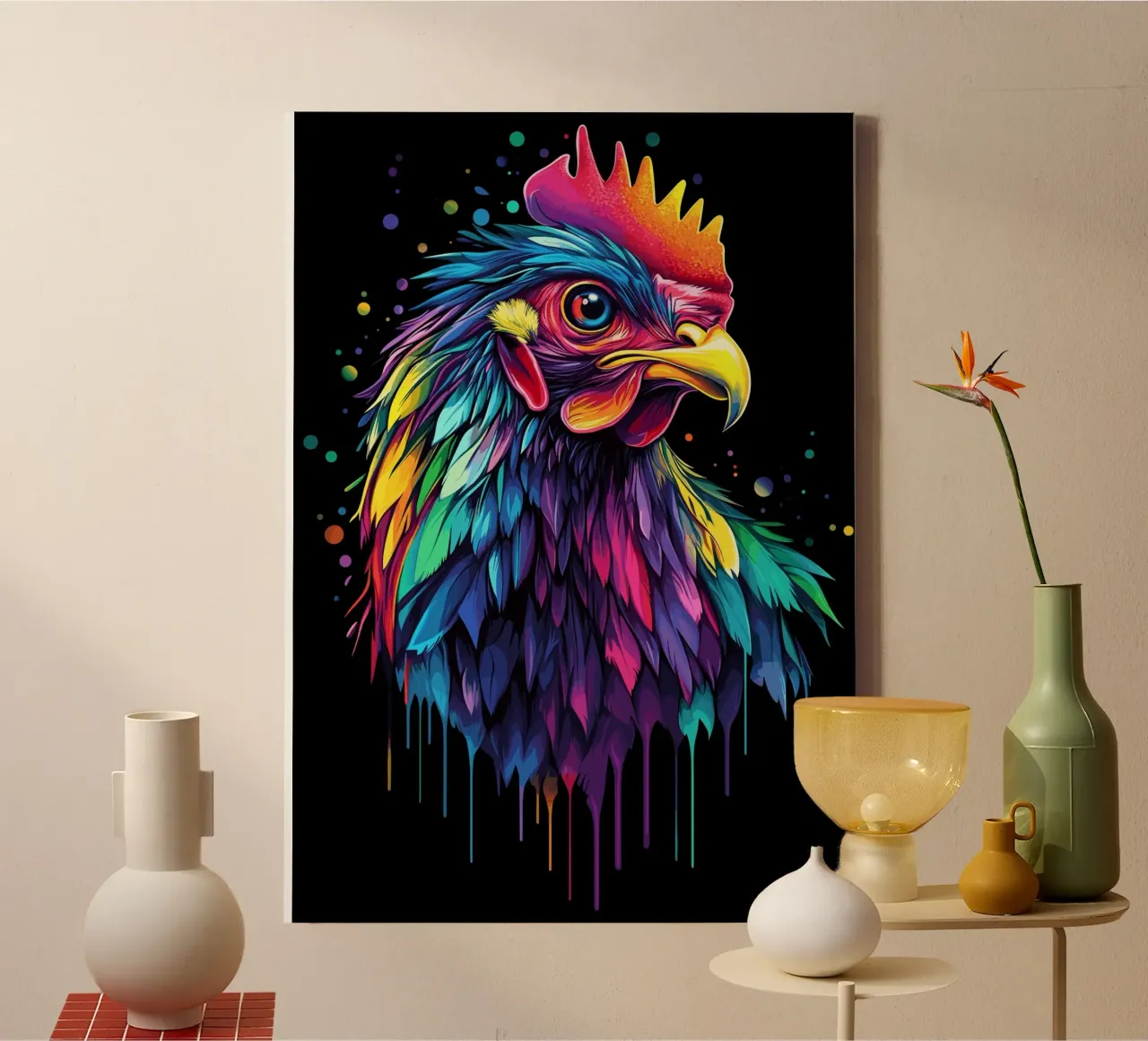 Un gallo maestoso con un'esplosione di colori tela con Cornice a cassetta da pixelbull - medieval art and more