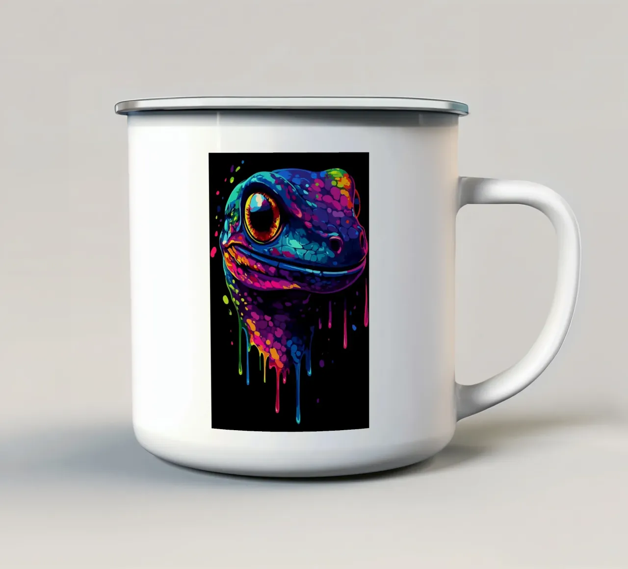 Geco variopinto con colori sgocciolanti tazza in smalto da pixelbull - medieval art and more
