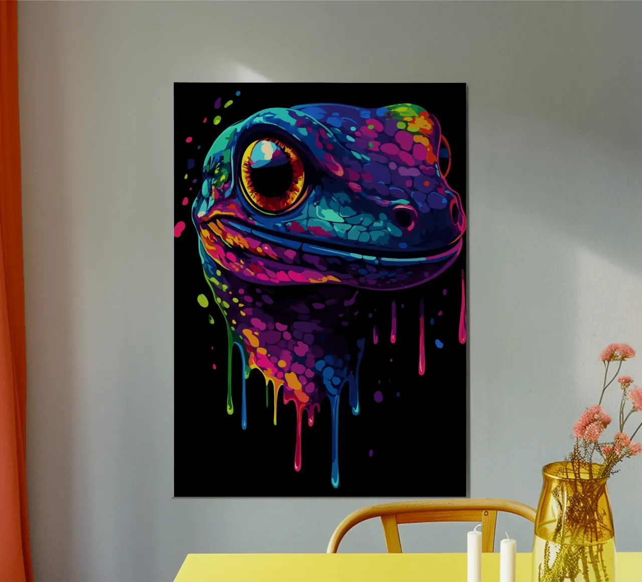 Geco variopinto con colori sgocciolanti alluminio dibond da pixelbull - medieval art and more