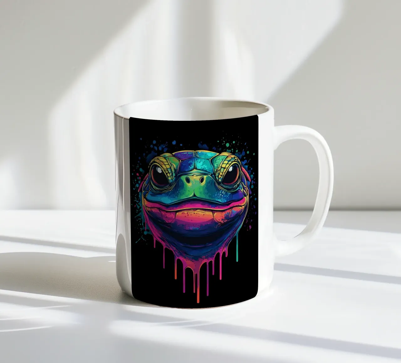 Testa di tartaruga colorata con schizzi di vernice tazza in ceramica da pixelbull - medieval art and more