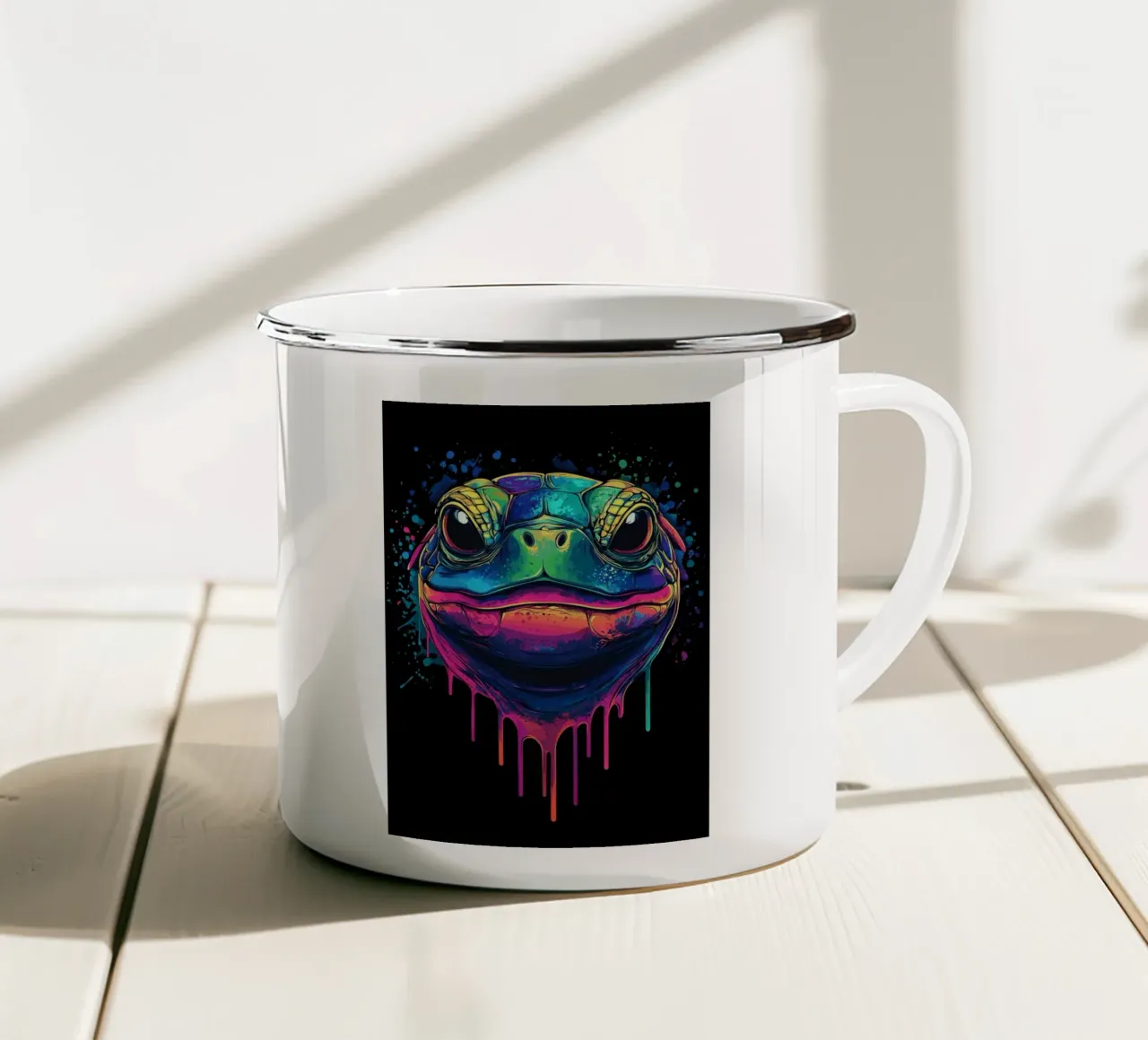Testa di tartaruga colorata con schizzi di vernice tazza in smalto da pixelbull - medieval art and more