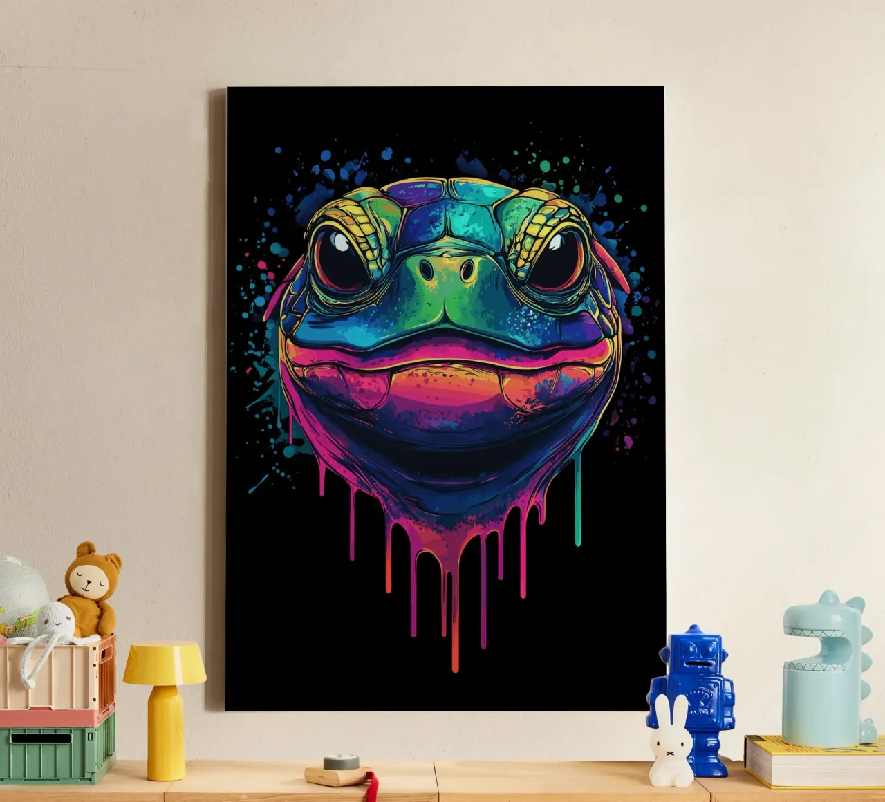 Colourful turtle head with splashes of paint canvas by pixelbull - medieval art and more