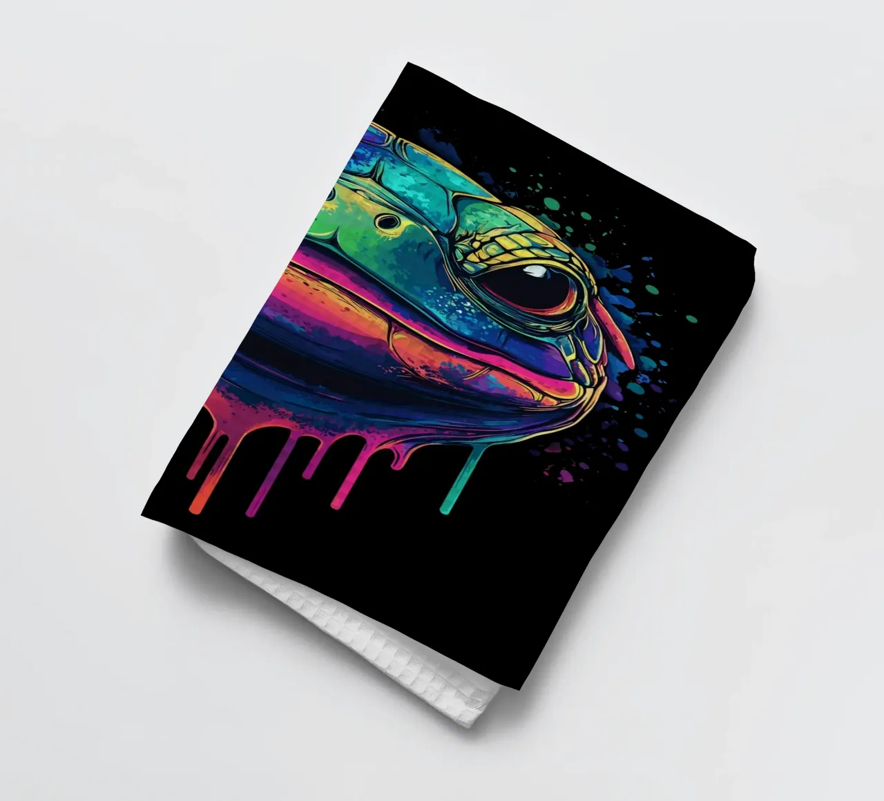 Colourful turtle head with splashes of paint tea towel by pixelbull - medieval art and more