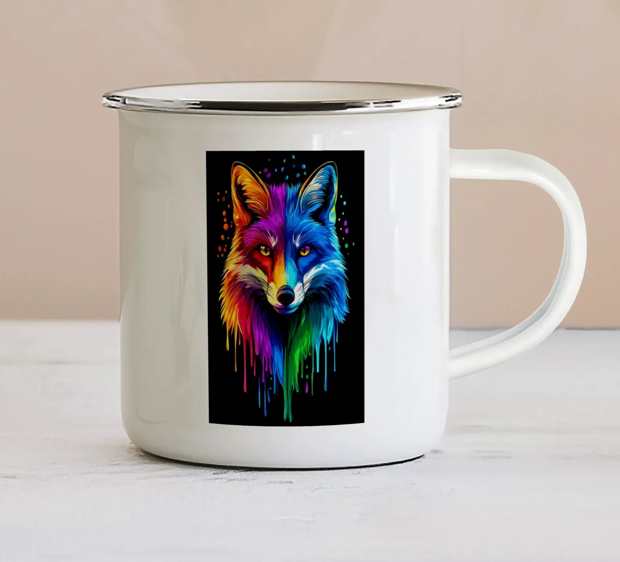 Volpe colorata con sfumatura di colore ed effetto gocciolante tazza in smalto da pixelbull - medieval art and more