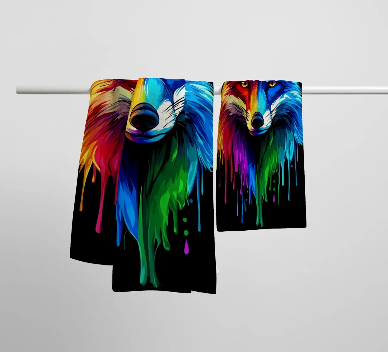 Kleurrijke vos met kleurverloop en druipeffect badhanddoek van pixelbull - medieval art and more