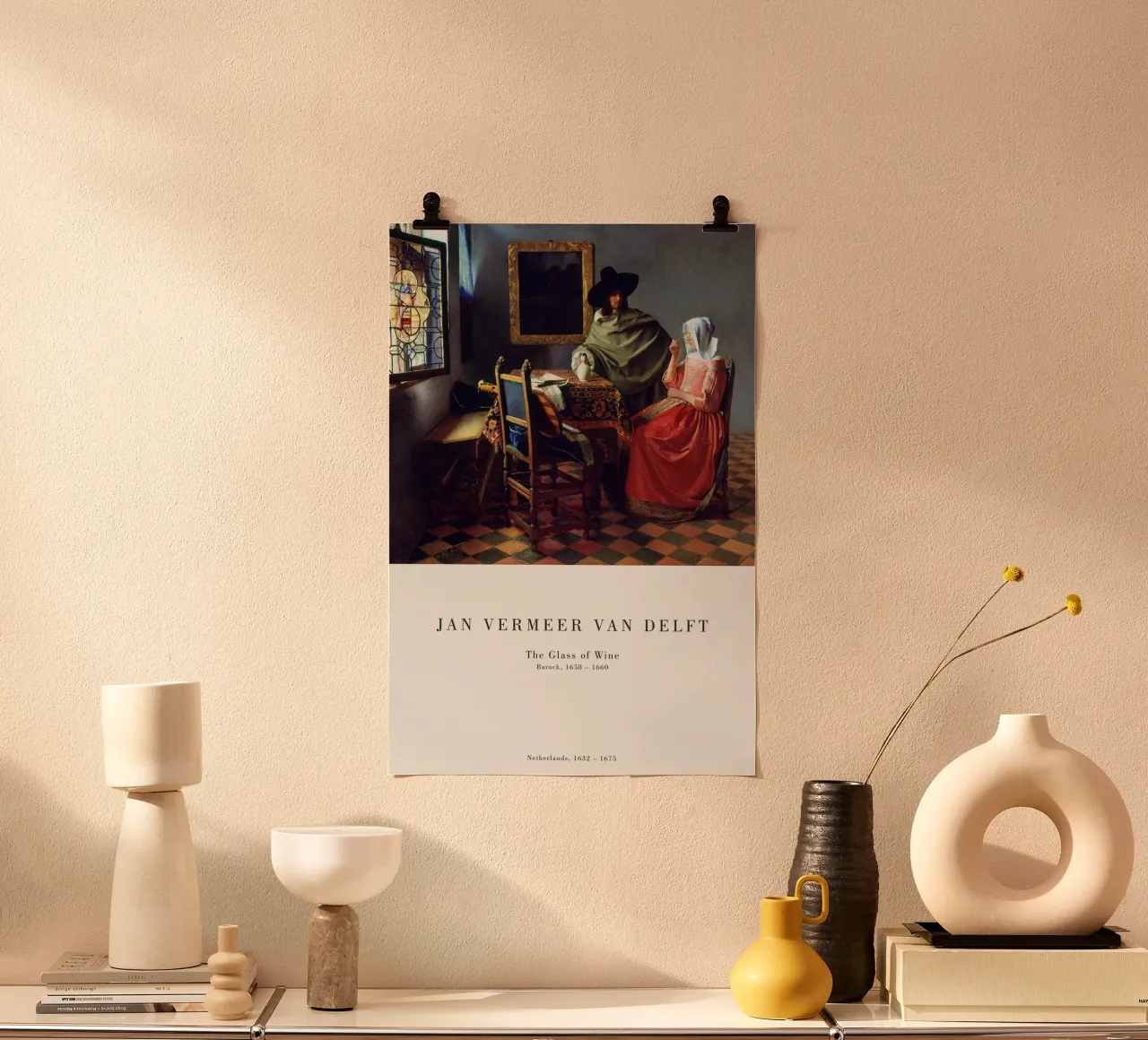 Jan Vermeer - Das Glas Wein Poster mit Kunststoffrahmen von Old Masters