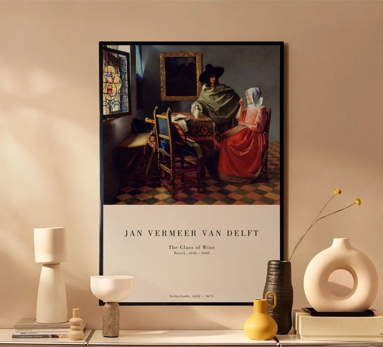 Jan Vermeer - Das Glas Wein Poster mit Kunststoffrahmen von Old Masters