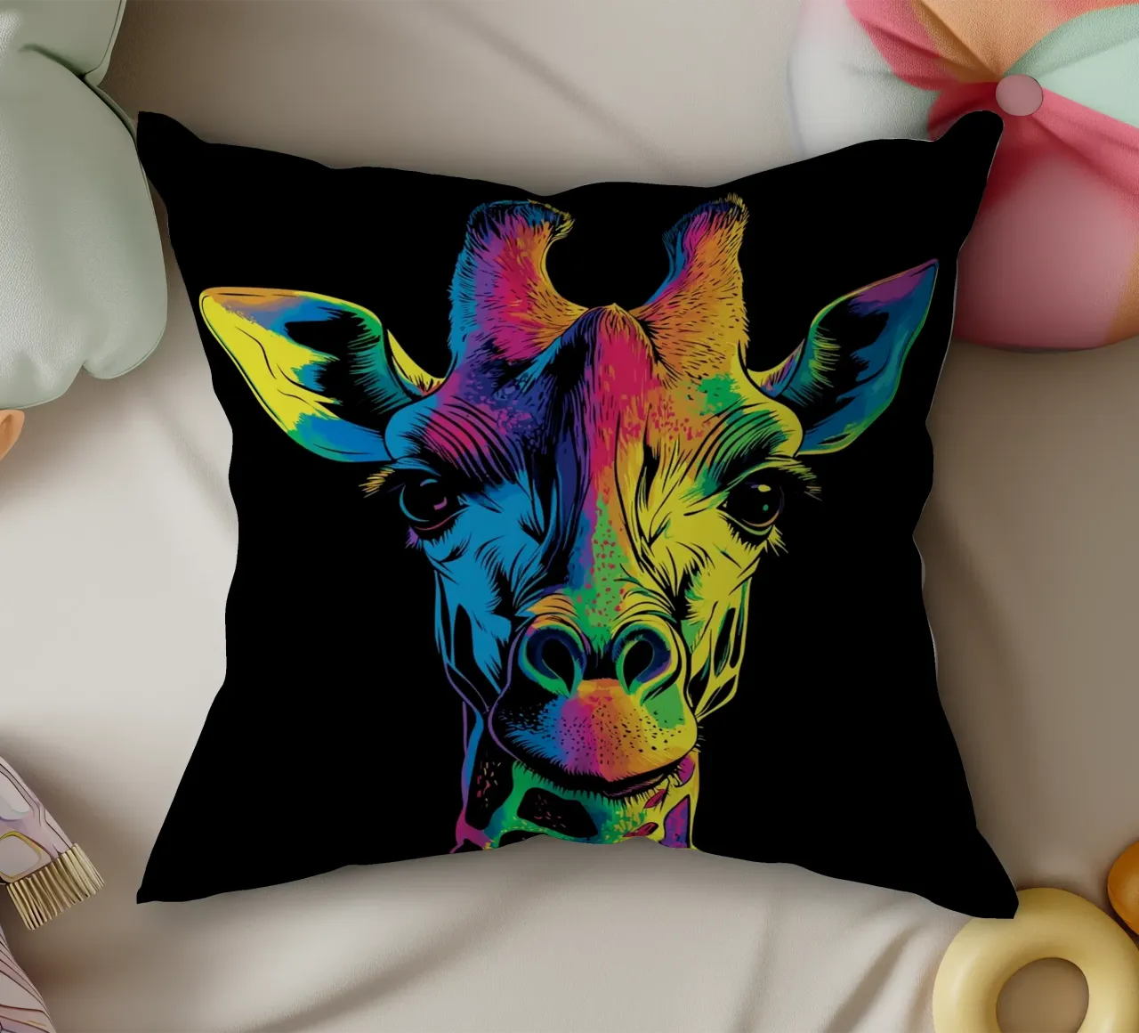 Effetto fusione colorata con ritratto di giraffa cuscino da pixelbull - medieval art and more