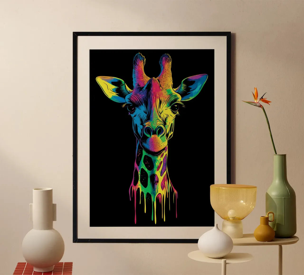 Effetto fusione colorata con ritratto di giraffa poster da pixelbull - medieval art and more