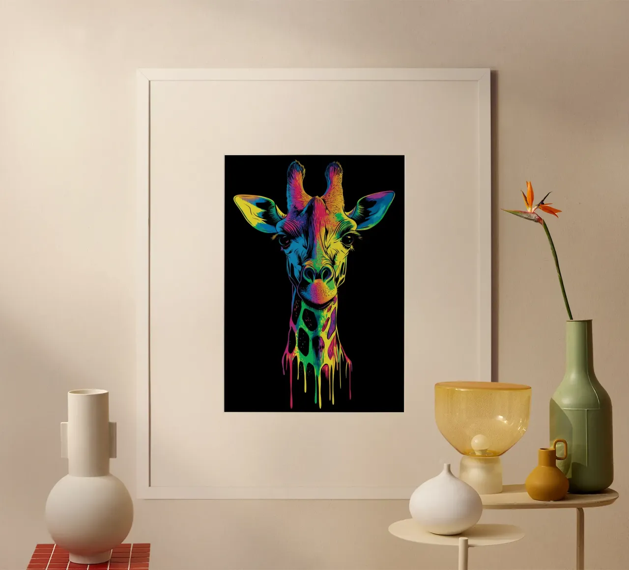 Effetto fusione colorata con ritratto di giraffa poster da pixelbull - medieval art and more