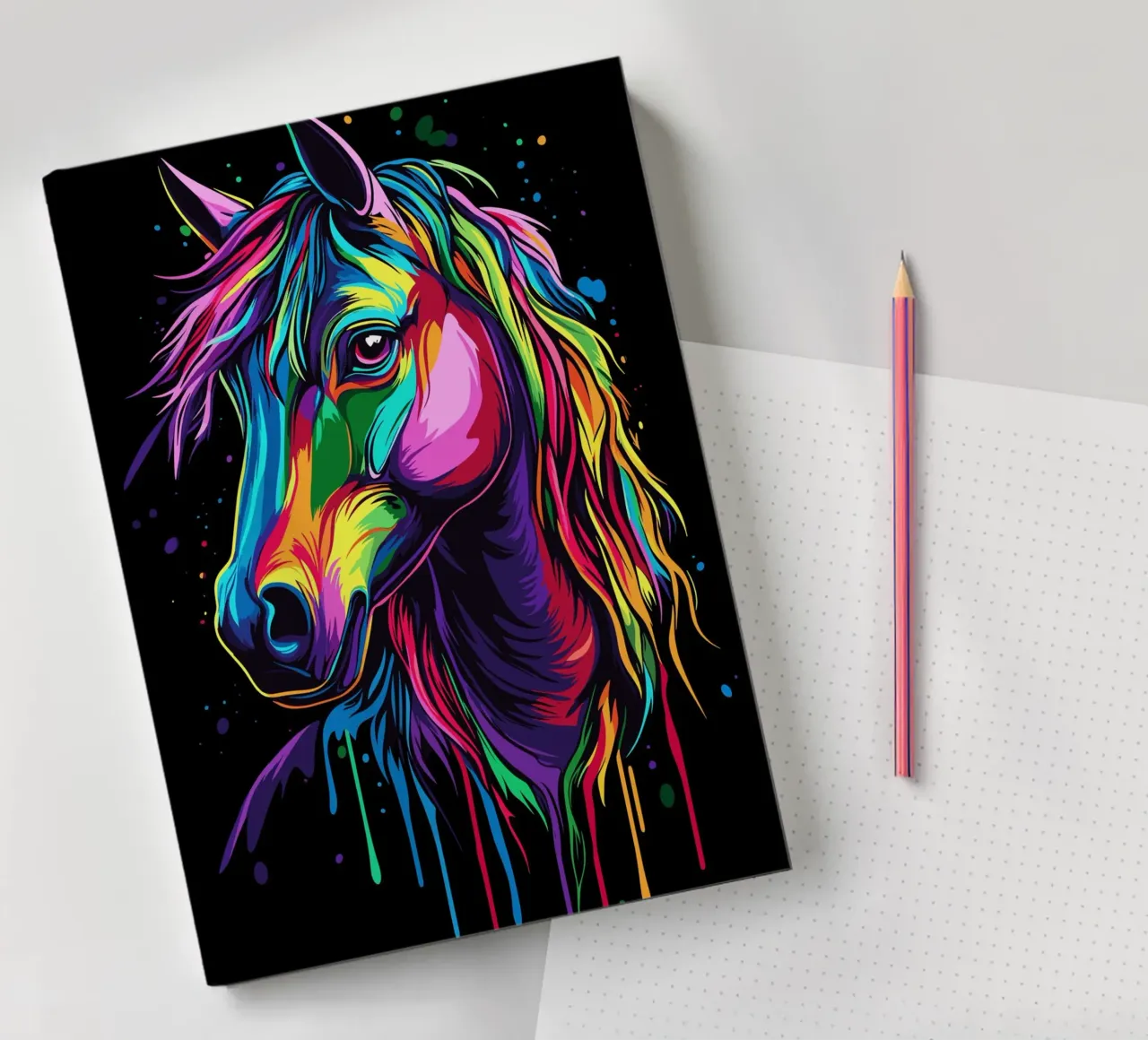 Colourful horse portrait with flowing colours notebook by pixelbull - medieval art and more