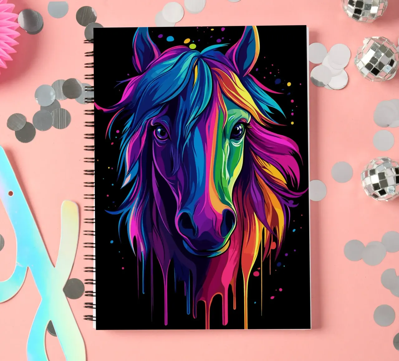 Colourful horse portrait with colour gradient spiral notebook by pixelbull - medieval art and more