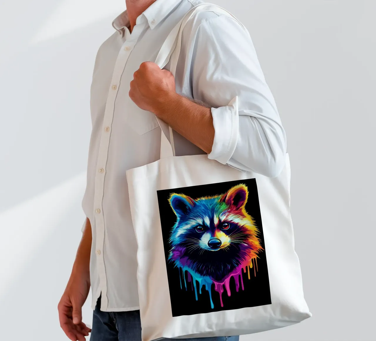 Procione nei colori dell'arcobaleno con sfumatura di colore borsa in juta da pixelbull - medieval art and more