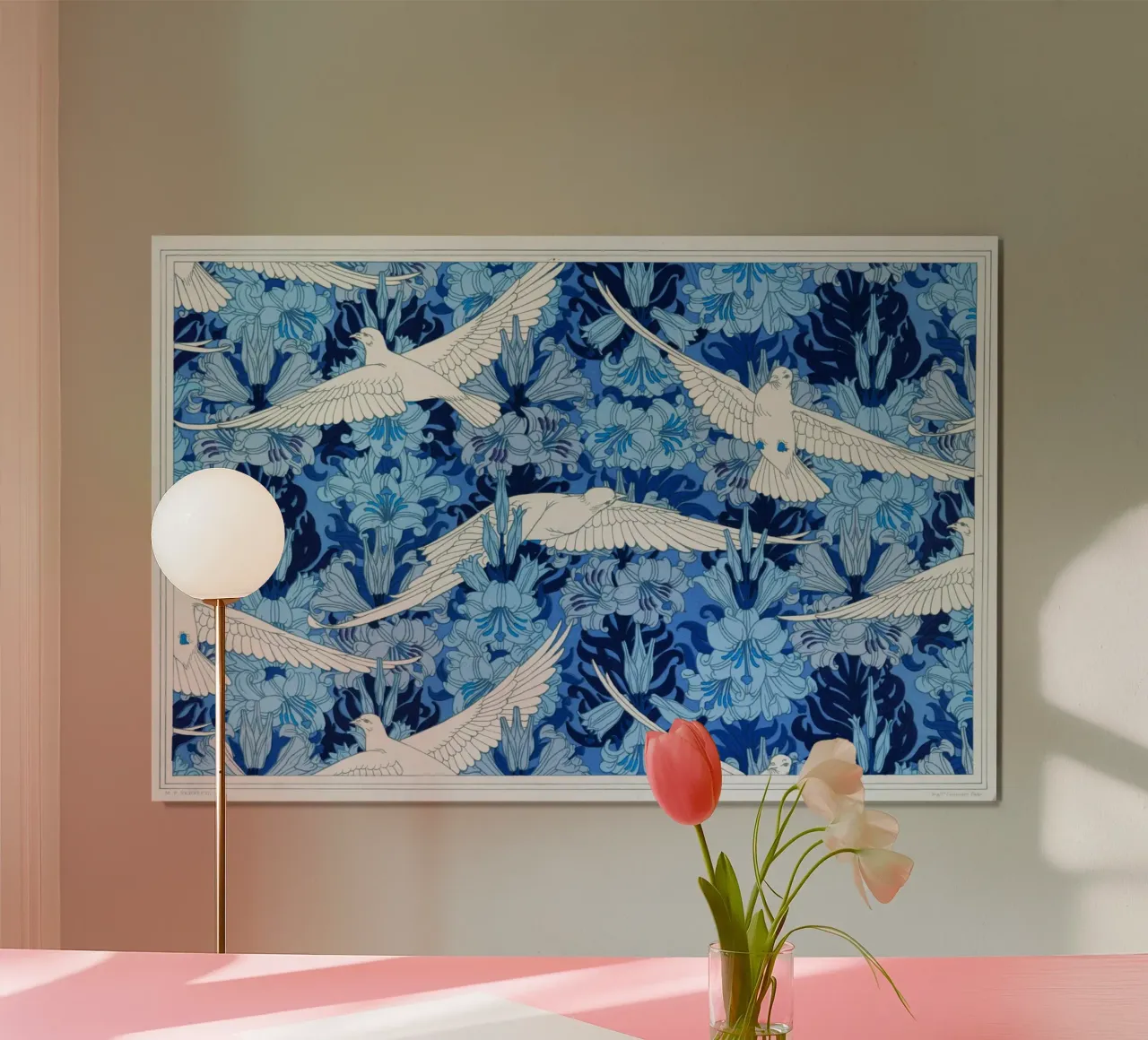 Maurice Pillard Verneuil - Colombes e lis Indigo poster con telaio in plastica da Old Masters