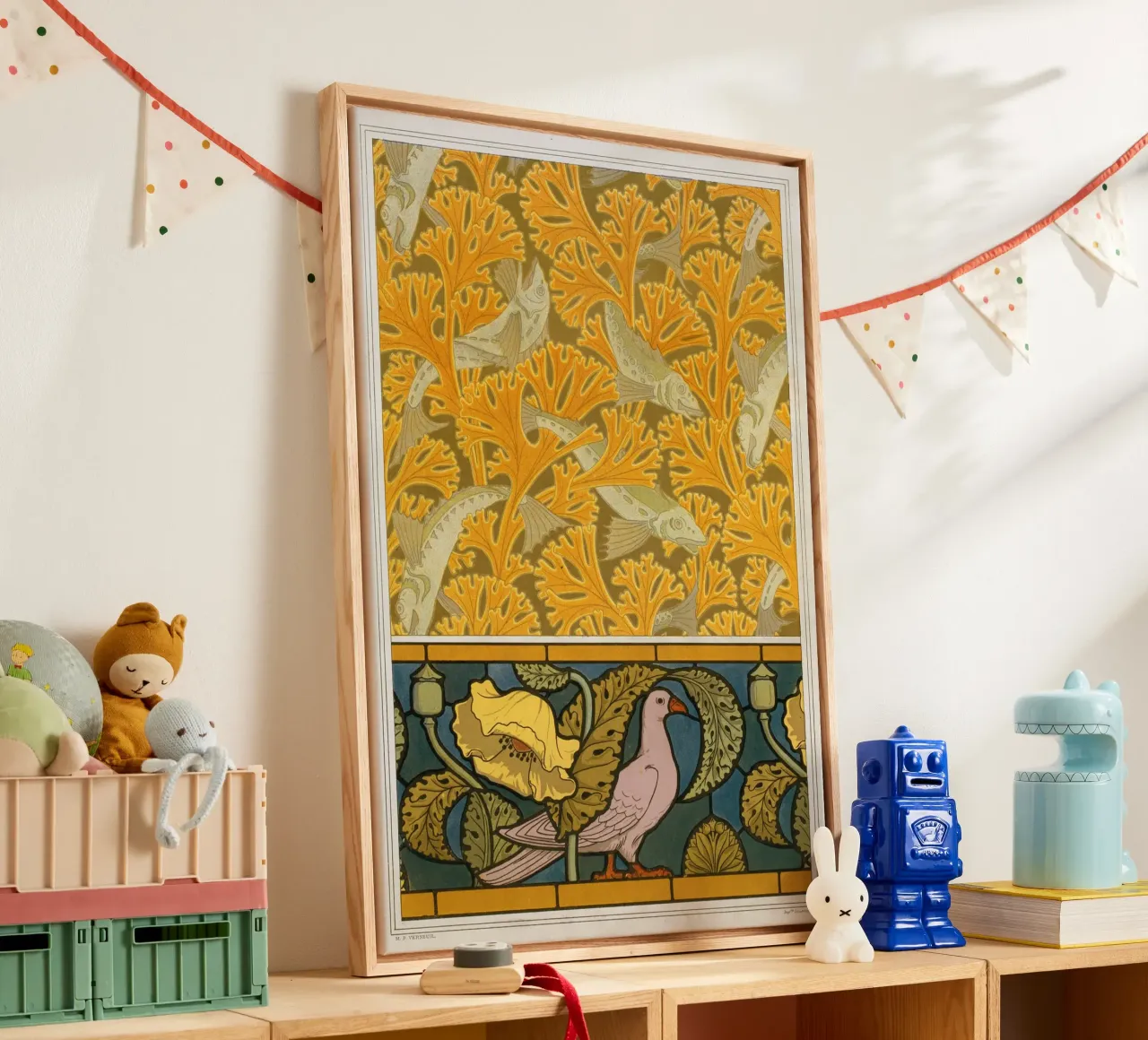 Maurice Pillard Verneuil - Vis en duif canvas met Baklijst van Old Masters