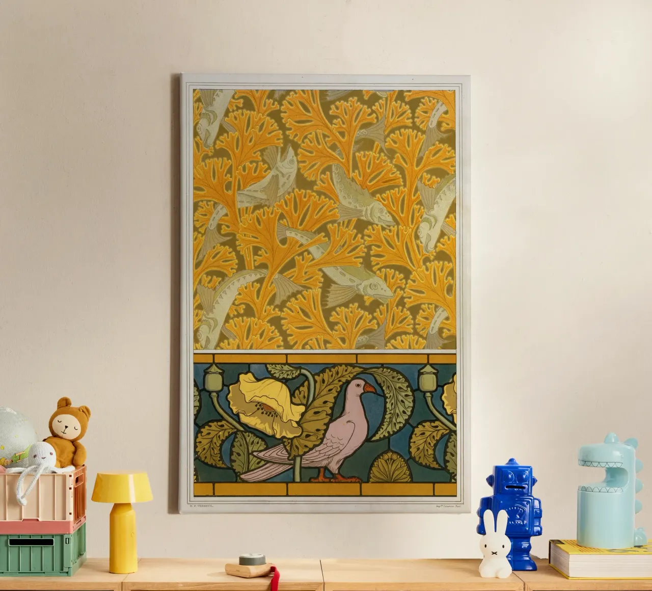 Maurice Pillard Verneuil - Vis en duif canvas met Baklijst van Old Masters