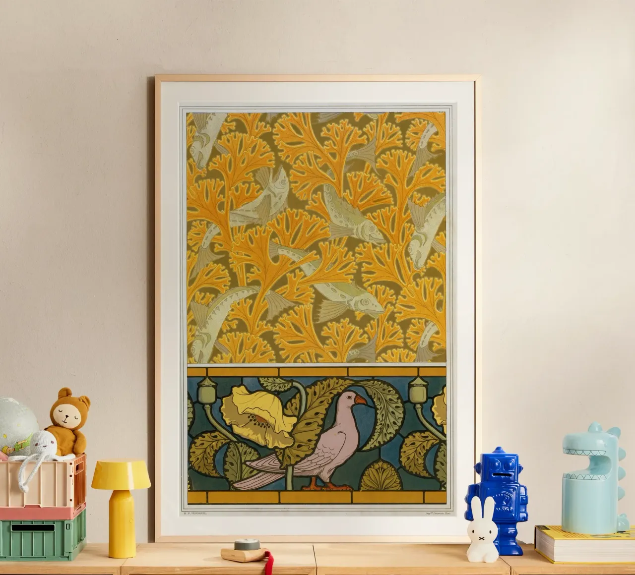 Maurice Pillard Verneuil - Pesce e piccione poster con telaio in plastica da Old Masters