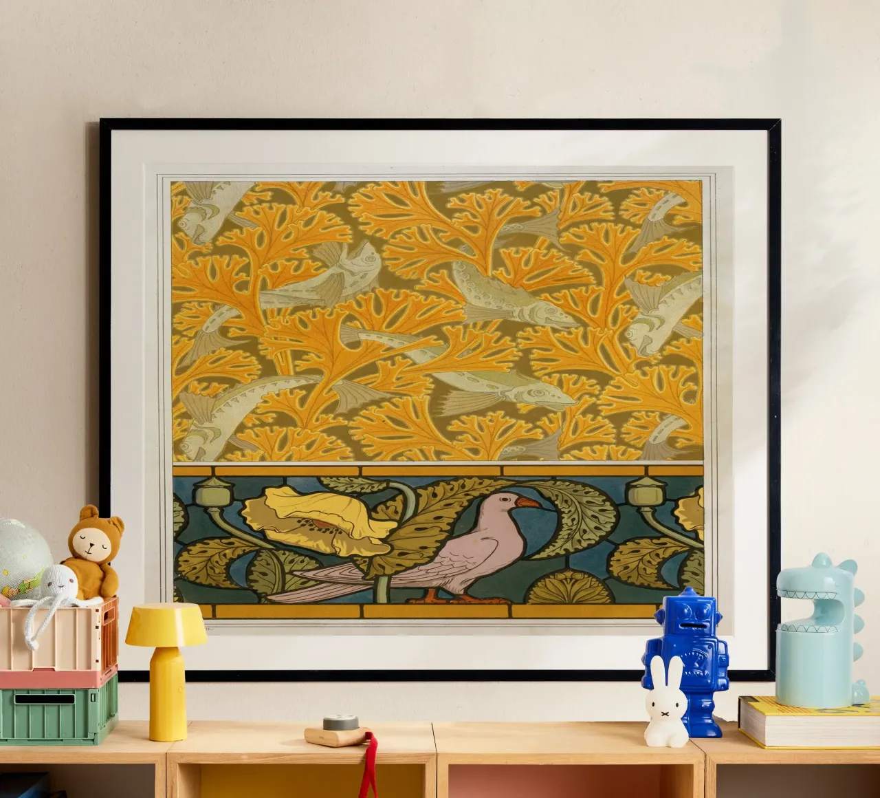 Maurice Pillard Verneuil - Pesce e piccione poster con telaio in plastica da Old Masters