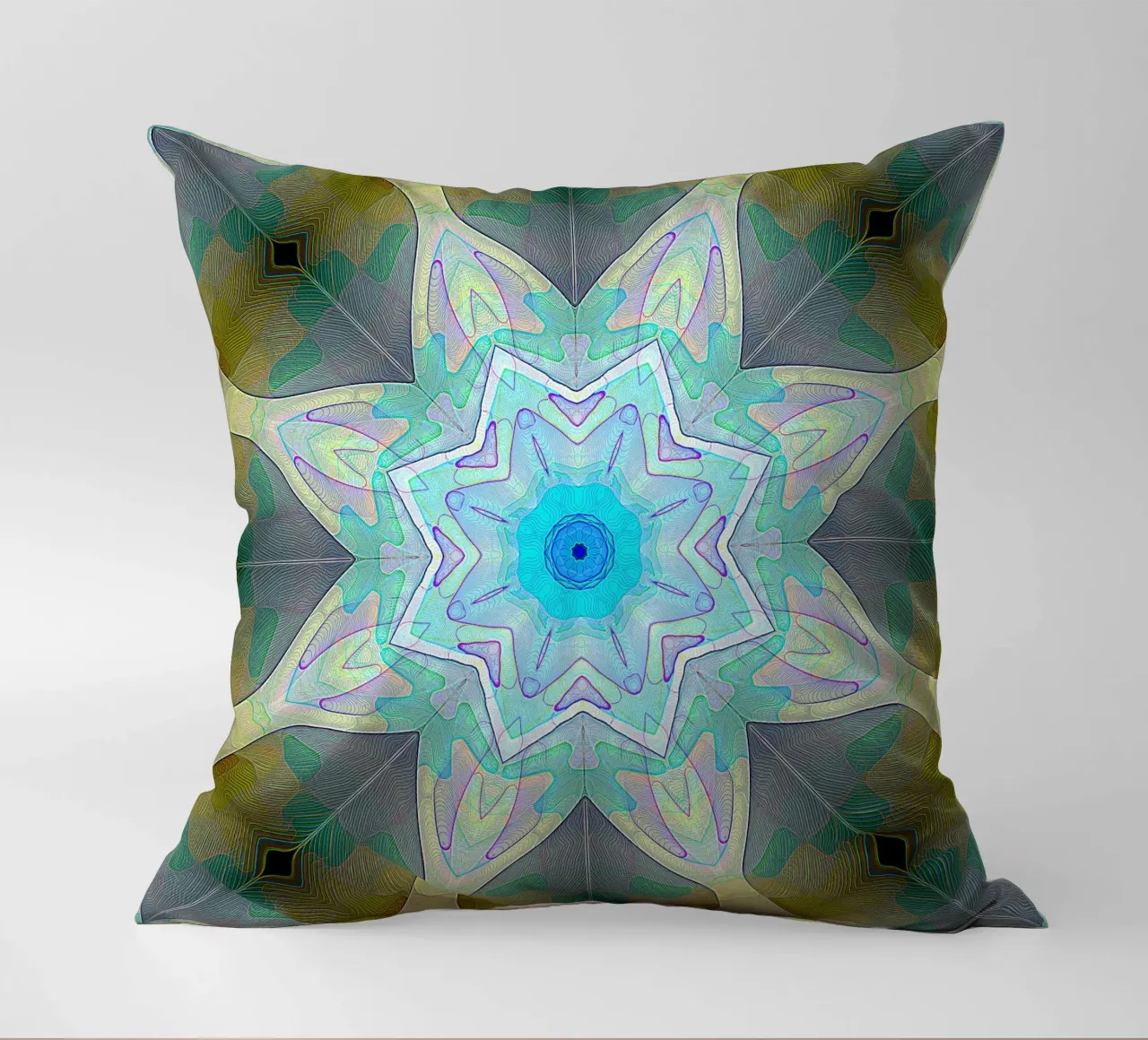 Turquoise blue star framed by patterned leaf shapes ... decorative cushion by Gürsel Yesil Digital Art