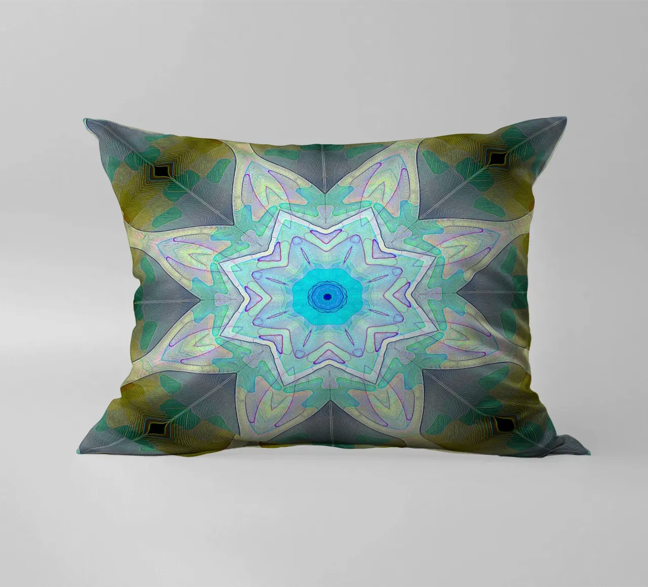 Turquoise blue star framed by patterned leaf shapes ... decorative cushion by Gürsel Yesil Digital Art