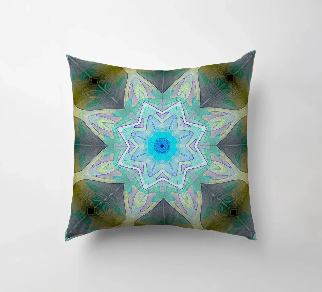 Turquoise blue star framed by patterned leaf shapes ... decorative cushion by Gürsel Yesil Digital Art