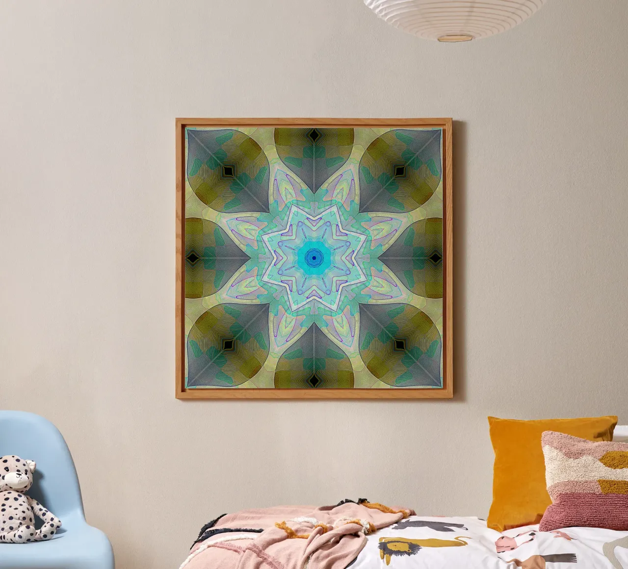 Turquoise blue star framed by patterned leaf shapes ... alu-dibond by Gürsel Yesil Digital Art