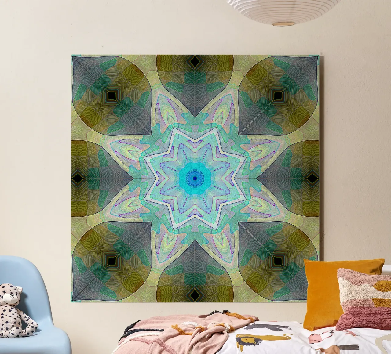 Turquoise blue star framed by patterned leaf shapes ... alu-dibond by Gürsel Yesil Digital Art
