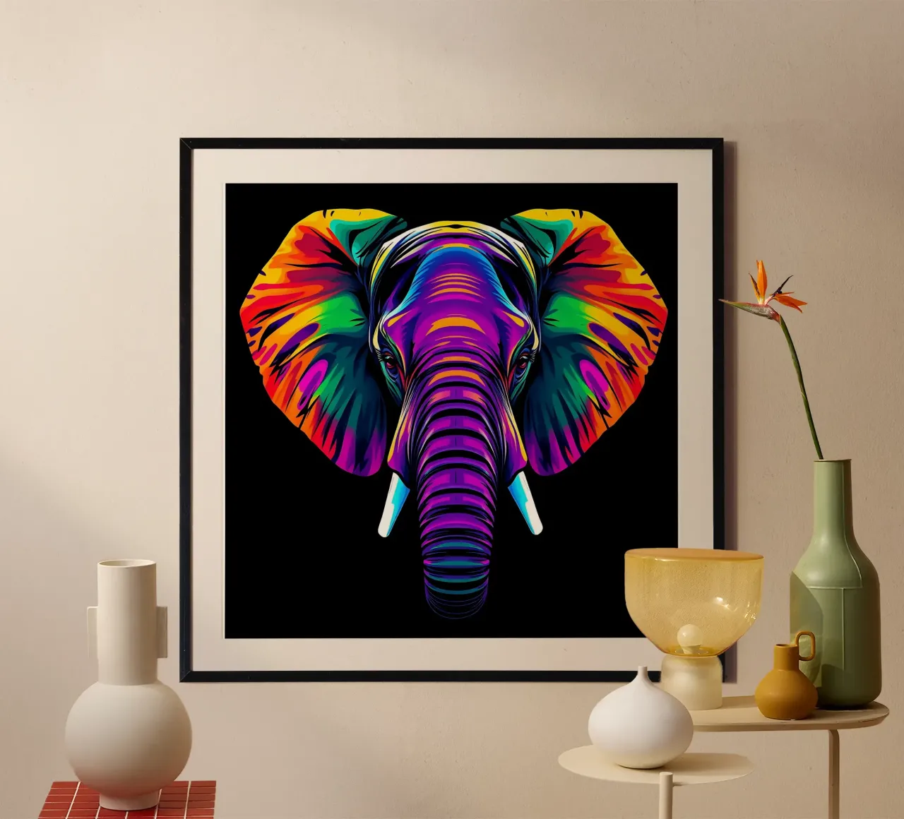 Elefante_Stile_N_1 poster con telaio in alluminio da Tierisch bunt by LK