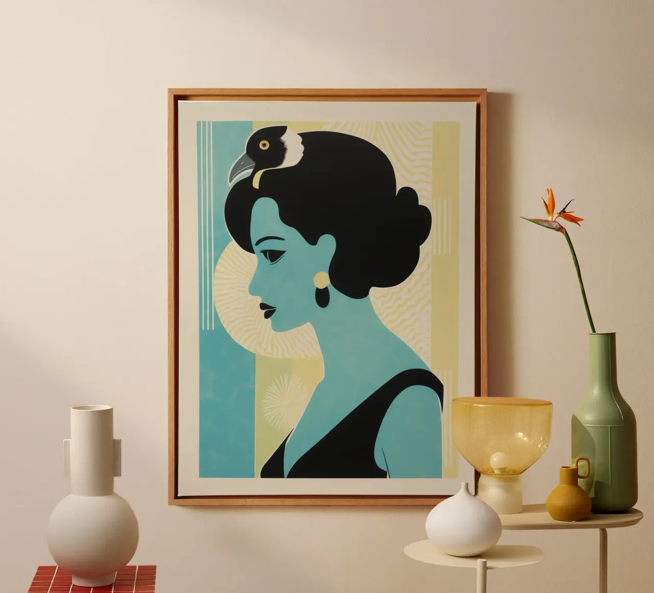 Vrouw met ravenzwart haar | Decoratieve print canvas met Baklijst van Autofocus