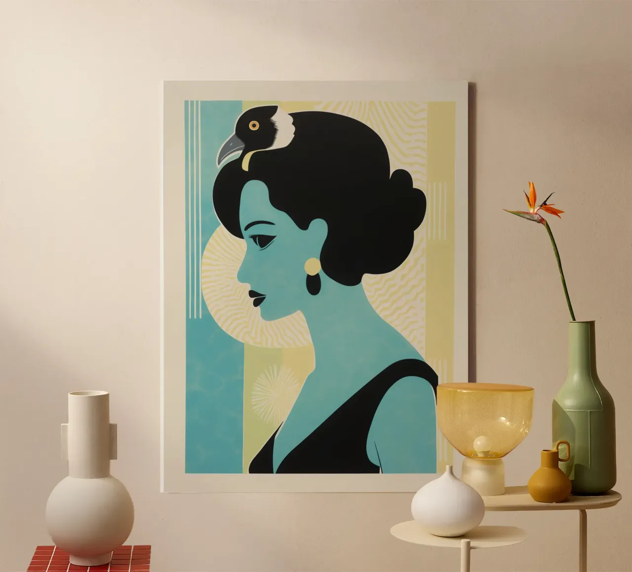 Vrouw met ravenzwart haar | Decoratieve print canvas met Baklijst van Autofocus