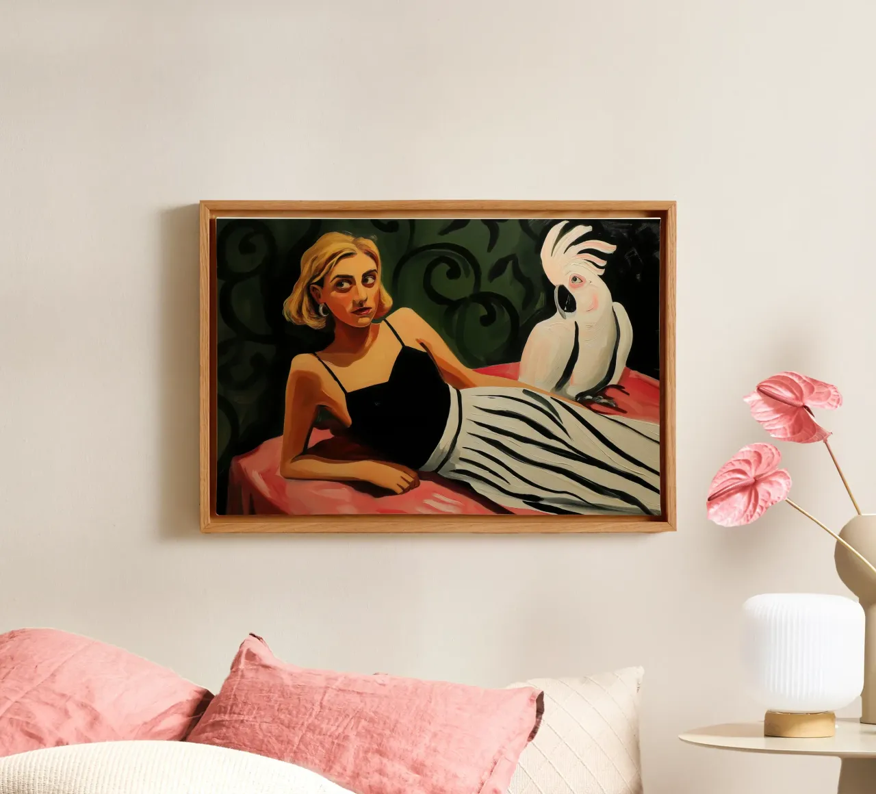 Donna bionda con cacatua bianco | Pittura su tela tela con Cornice a cassetta da Autofocus