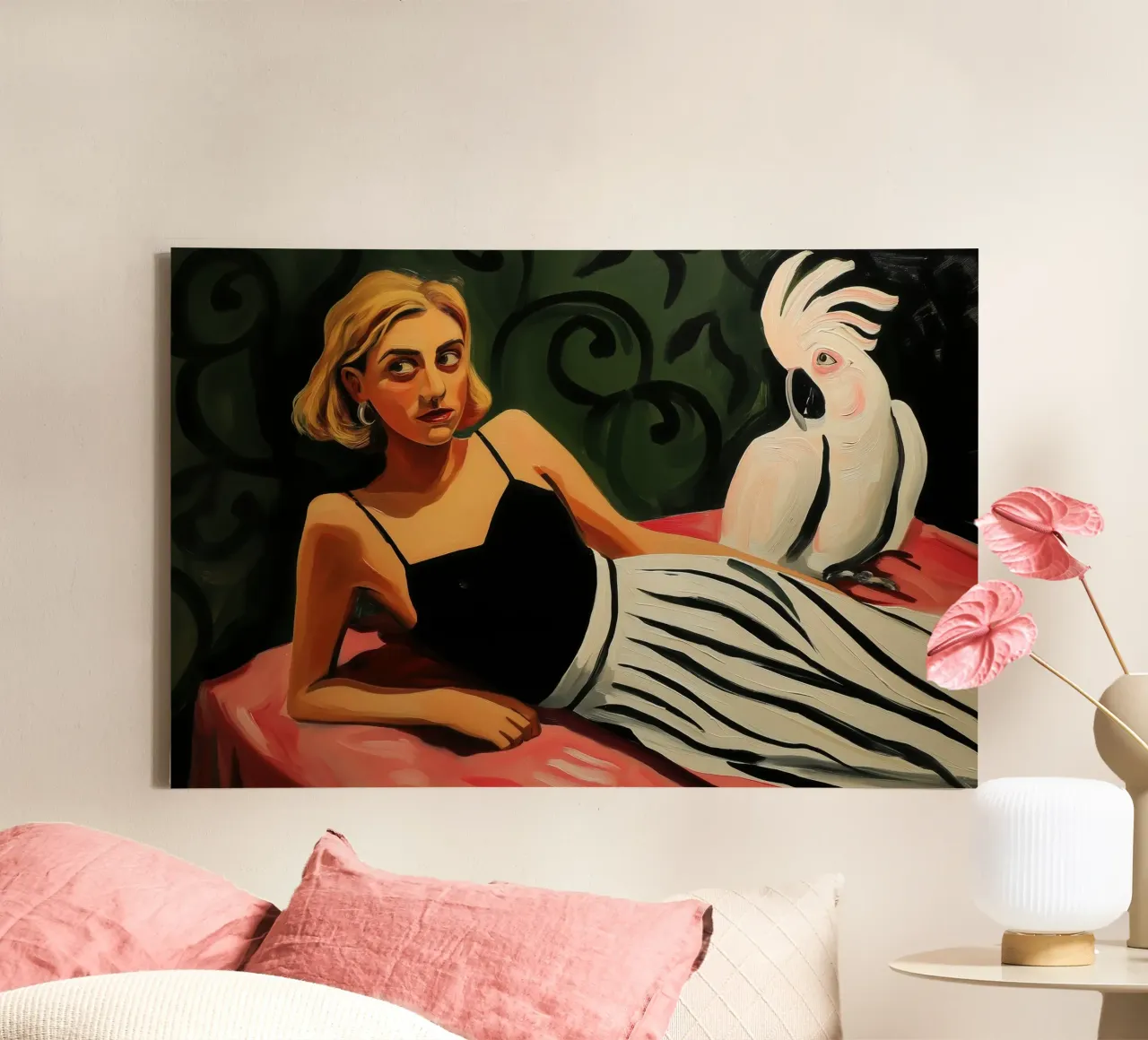 Donna bionda con cacatua bianco | Pittura su tela tela con Cornice a cassetta da Autofocus