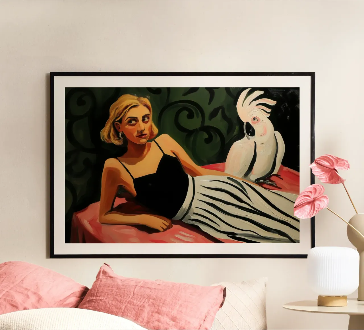 Donna bionda con cacatua bianco | Pittura su tela poster da Autofocus