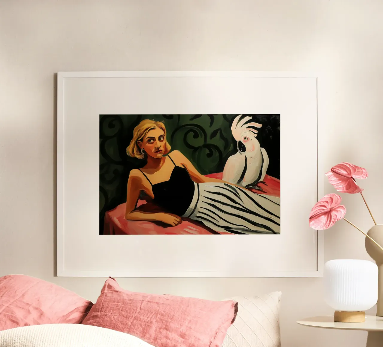Donna bionda con cacatua bianco | Pittura su tela poster da Autofocus