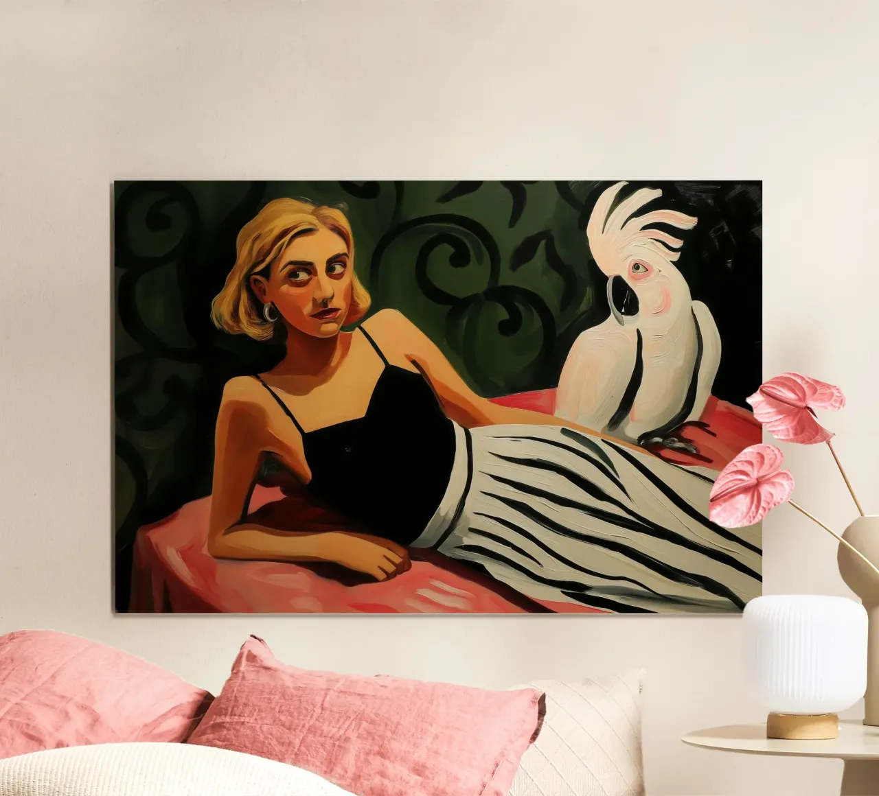Donna bionda con cacatua bianco | Pittura su tela poster da Autofocus