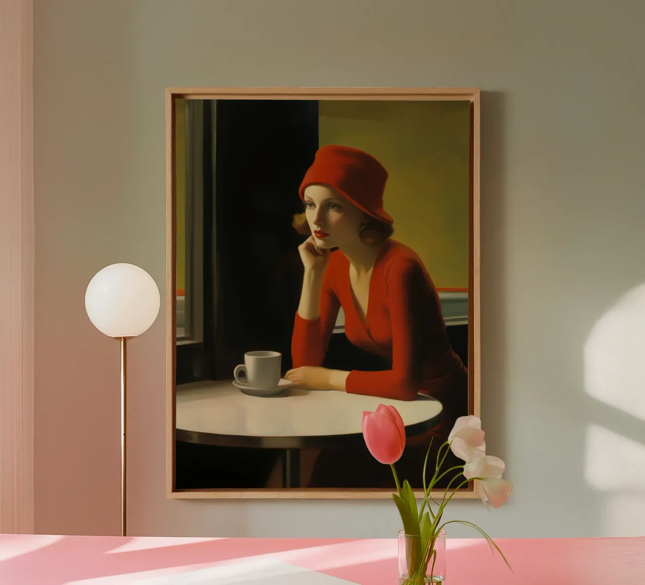 Donna solitaria in abito rosso | Ispirato a E. Hopper tela con Cornice a cassetta da Autofocus