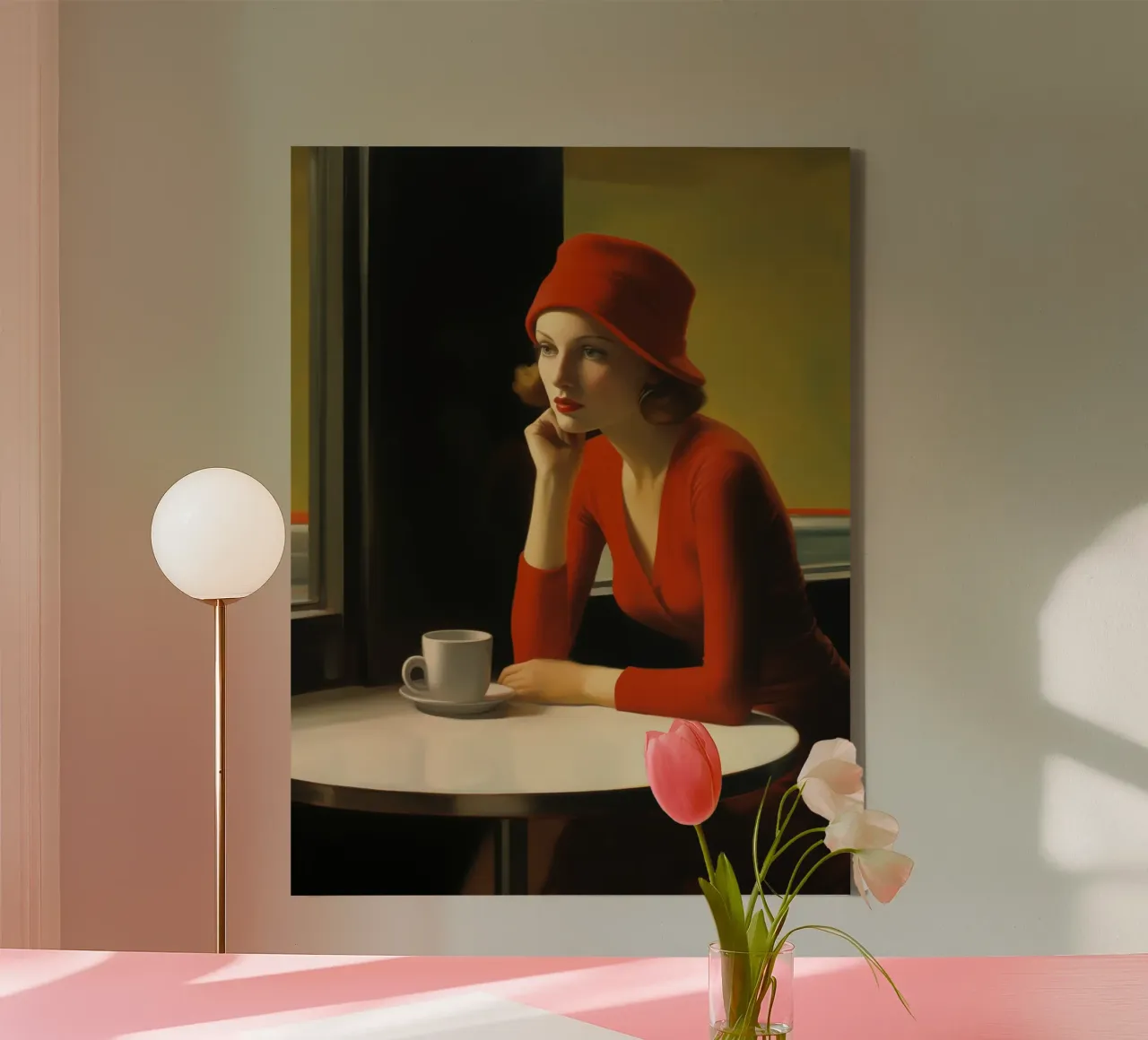 Donna solitaria in abito rosso | Ispirato a E. Hopper tela con Cornice a cassetta da Autofocus
