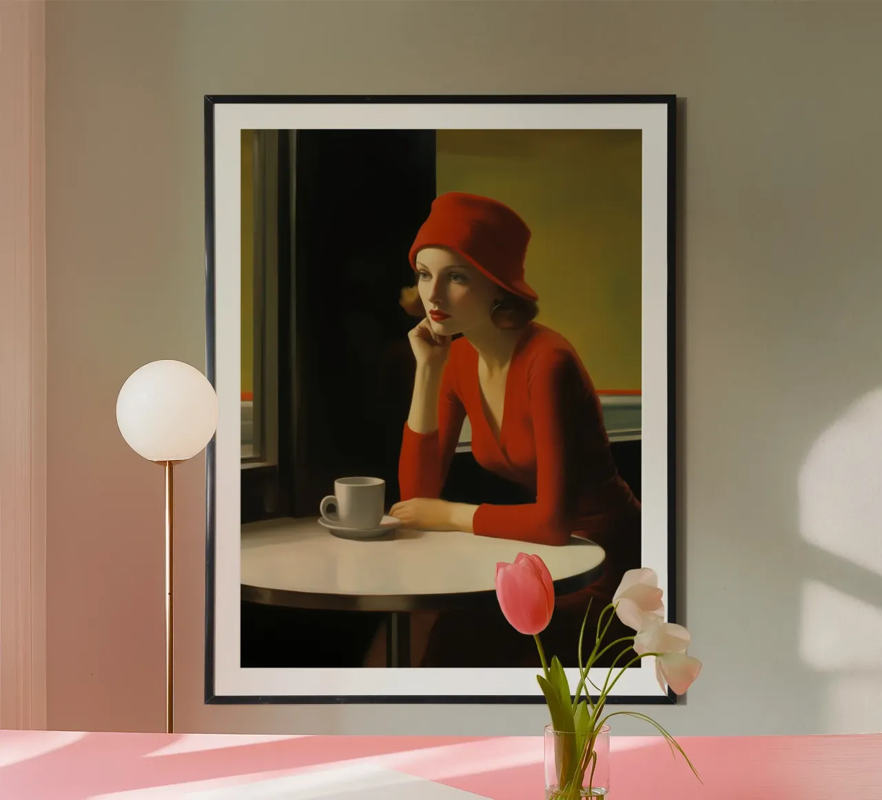Donna solitaria in abito rosso | Ispirato a E. Hopper carta hahnemühle da Autofocus