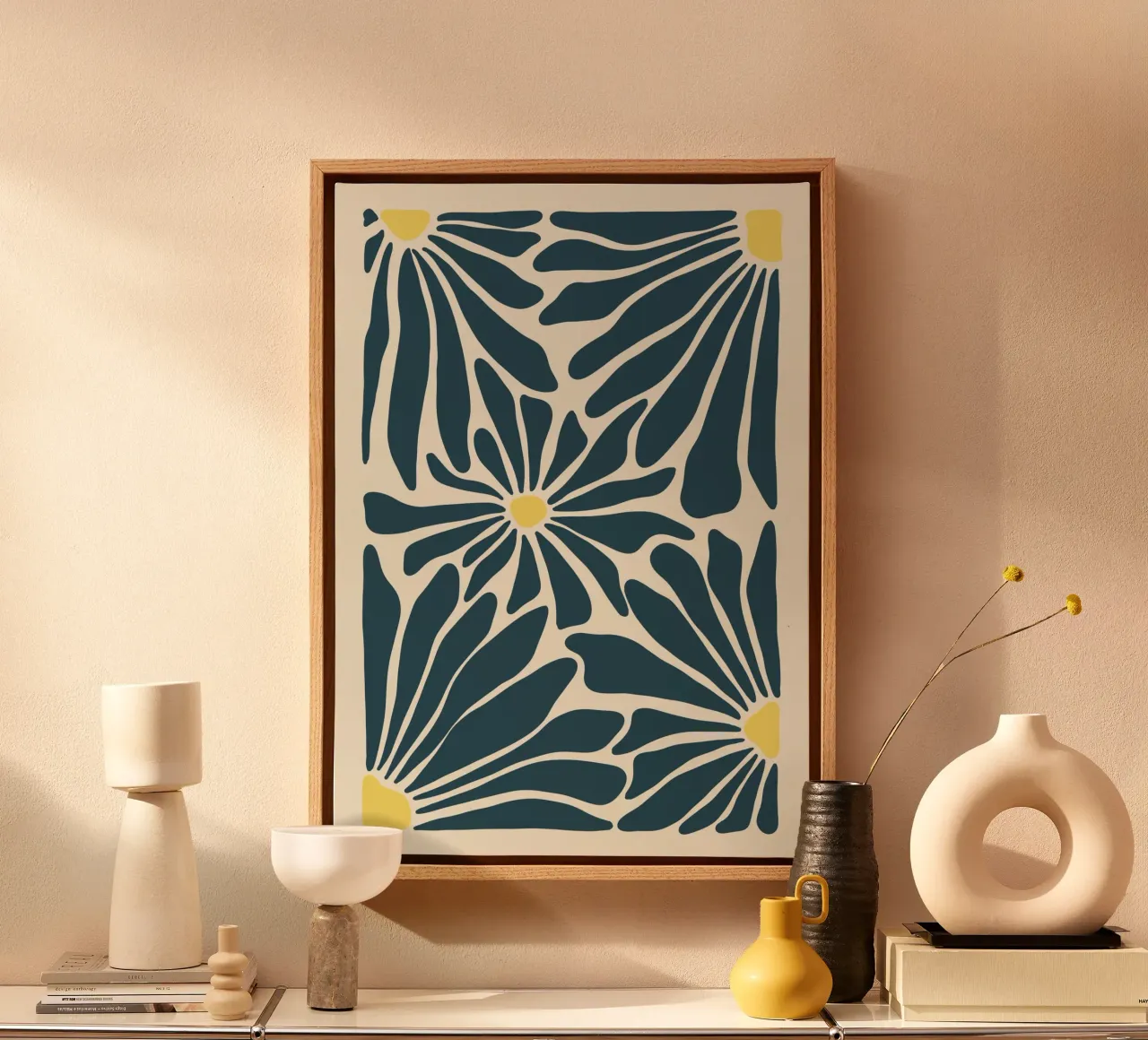 Abstracte blauwe bloemen canvas met Baklijst van Sixmai