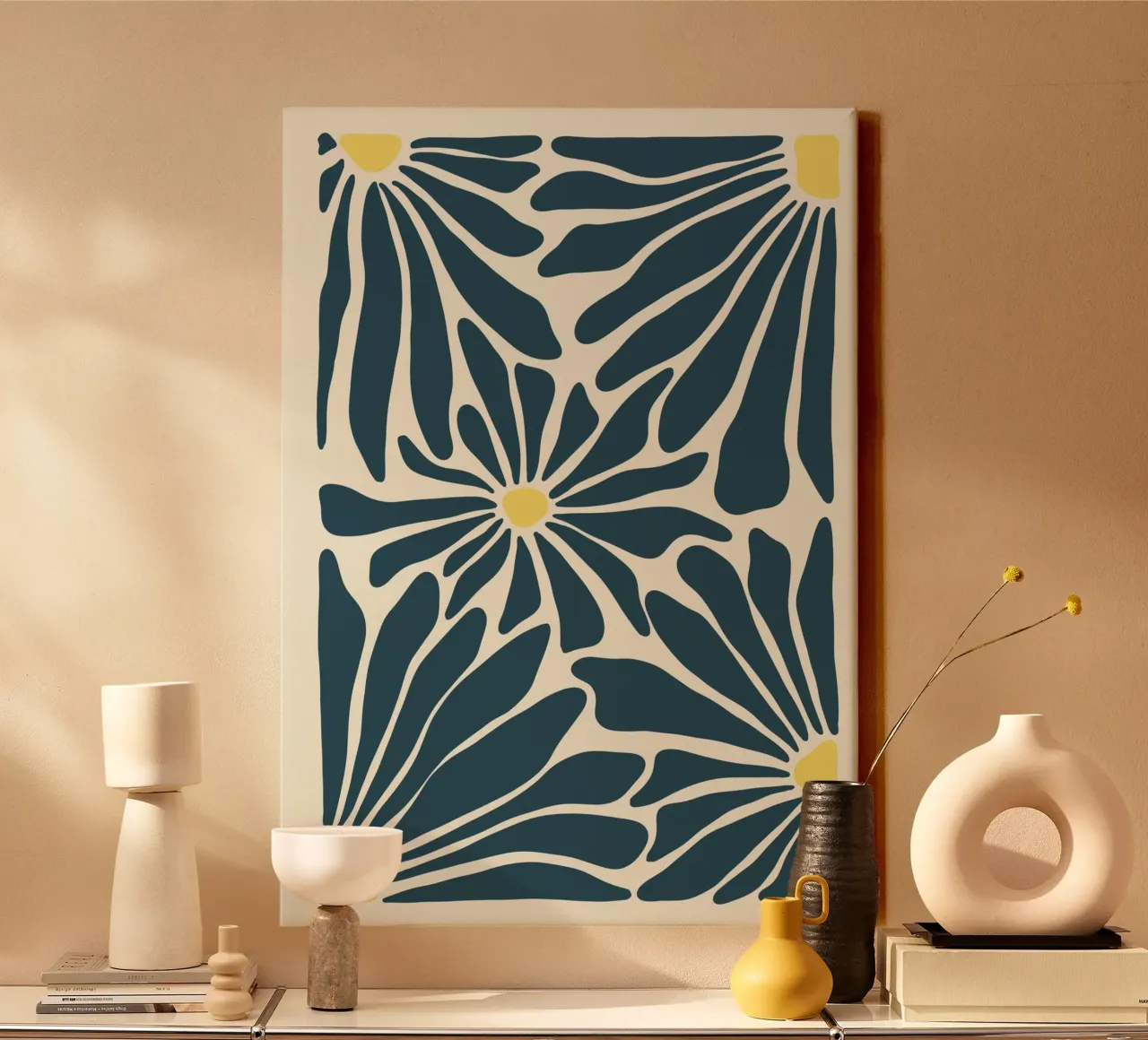 Abstracte blauwe bloemen canvas met Baklijst van Sixmai