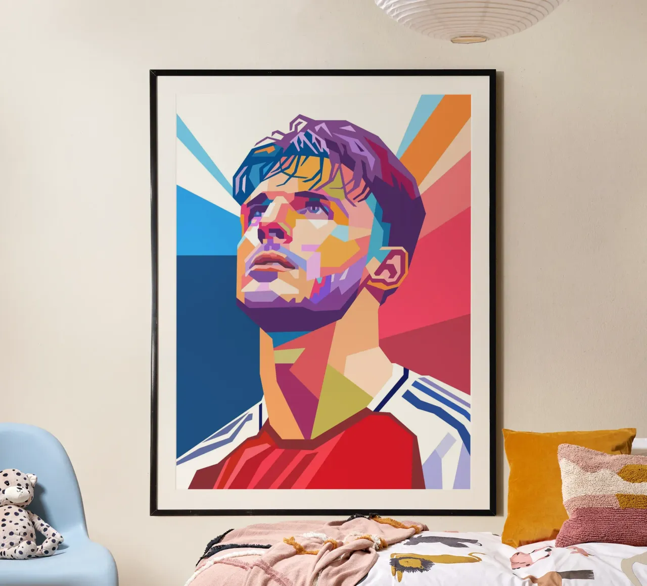 Pop art Declan Rice giocatore di calcio poster con telaio in legno da Hantamrata