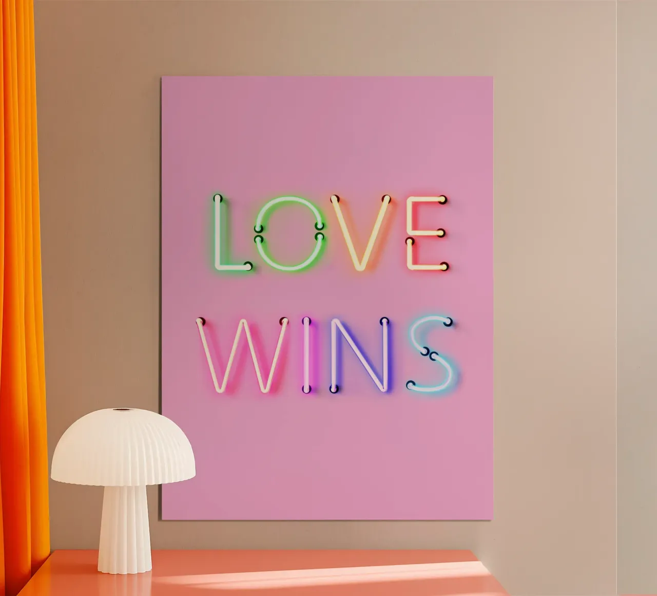 L'amore vince - Tipografia arcobaleno al neon poster con telaio in alluminio da showmemars