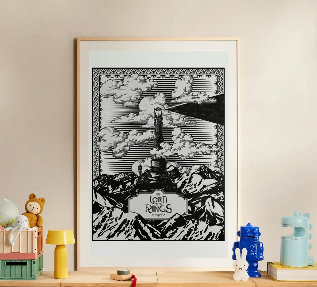 Vintage Mordor Tower Eye of Sauron poster con telaio in plastica da Barrett Biggers