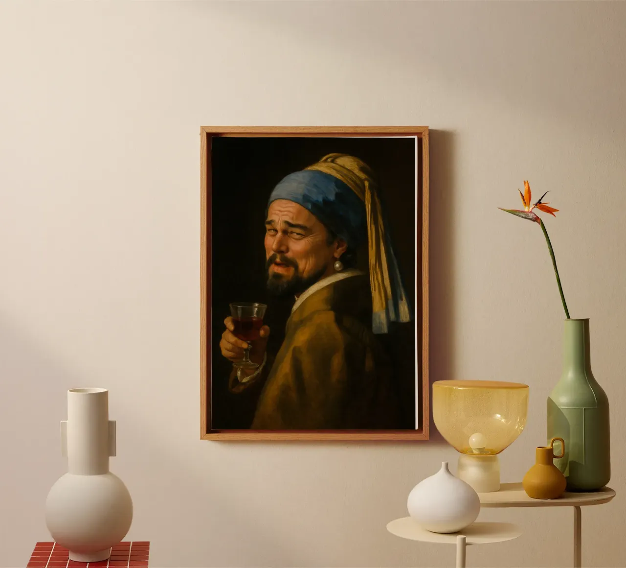 Leo con un pendiente de perla - Vermeer Art Meme Parody lienzo con Marco flotante de Lootprint