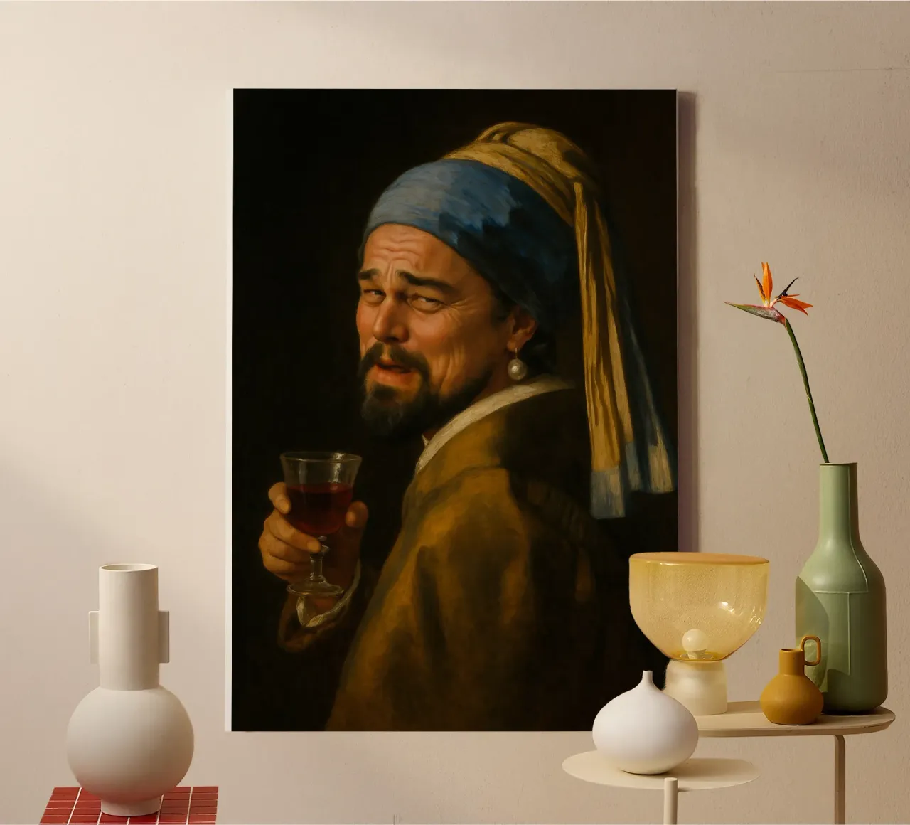 Leo con un pendiente de perla - Vermeer Art Meme Parody lienzo con Marco flotante de Lootprint