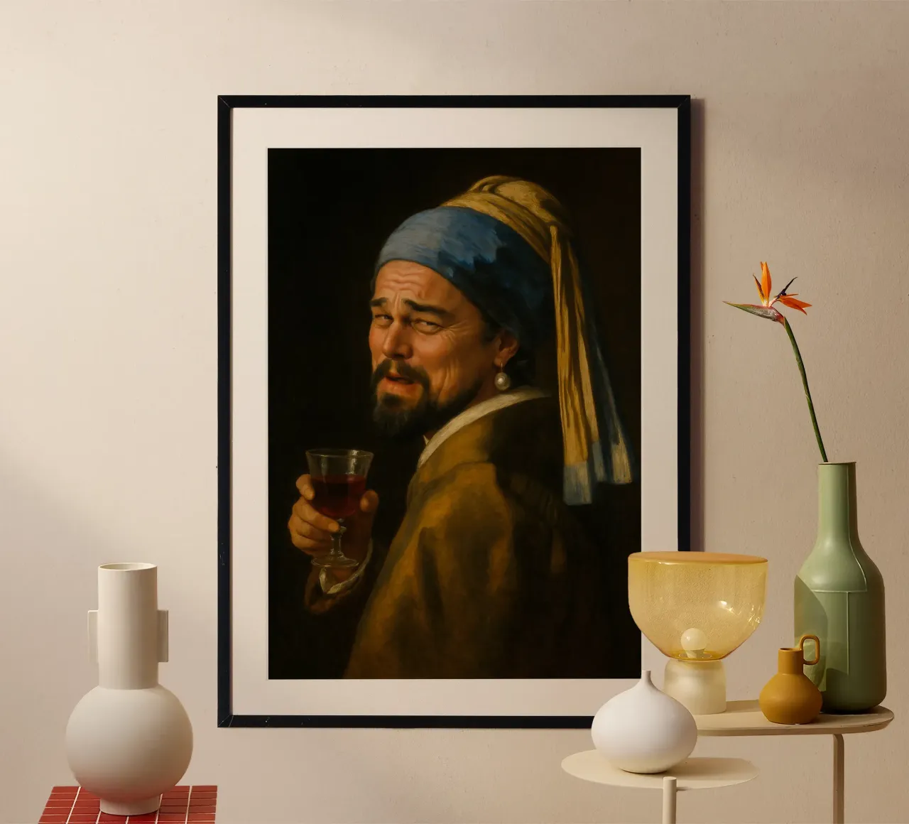 Der Löwe mit dem Perlenohrring - Vermeer Kunst Meme Parodie Poster mit Kunststoffrahmen von Lootprint