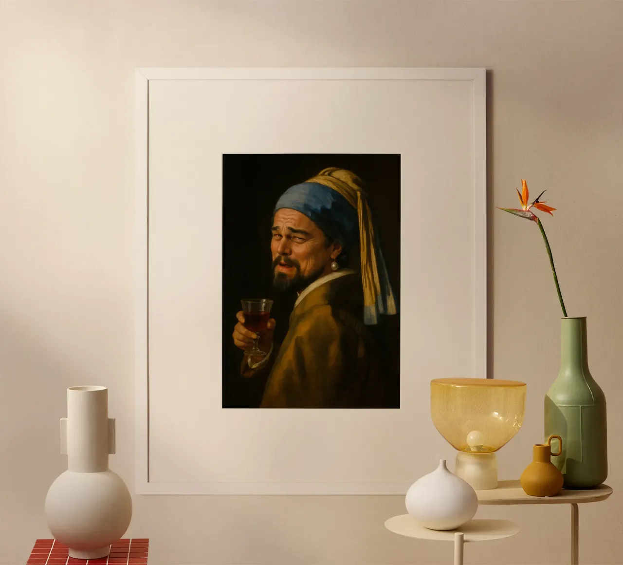 Der Löwe mit dem Perlenohrring - Vermeer Kunst Meme Parodie Poster mit Kunststoffrahmen von Lootprint